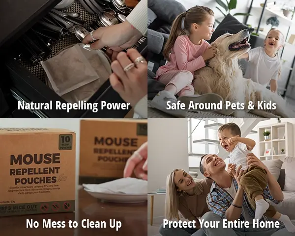 PestVault pouches in a kitchen drawer, a family dog with children, and a happy family at home